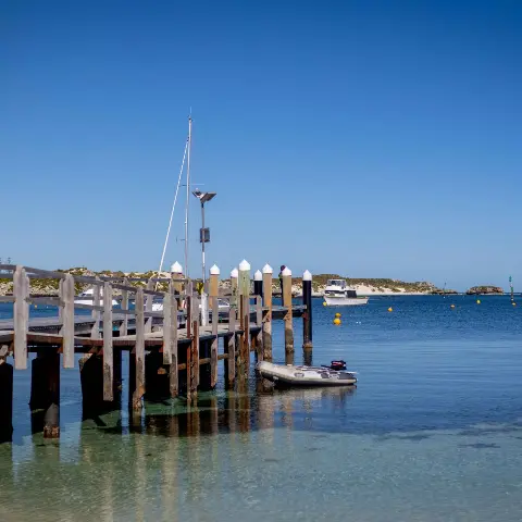 Image of the Fuel Jetty over the blue waters of Wadjemup / Rottnest Island.