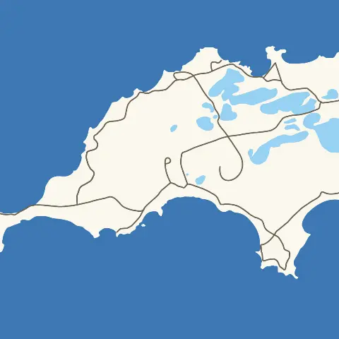 Map of Rottnest Island with a location marker pointing to the main settlement and the main bus stop.